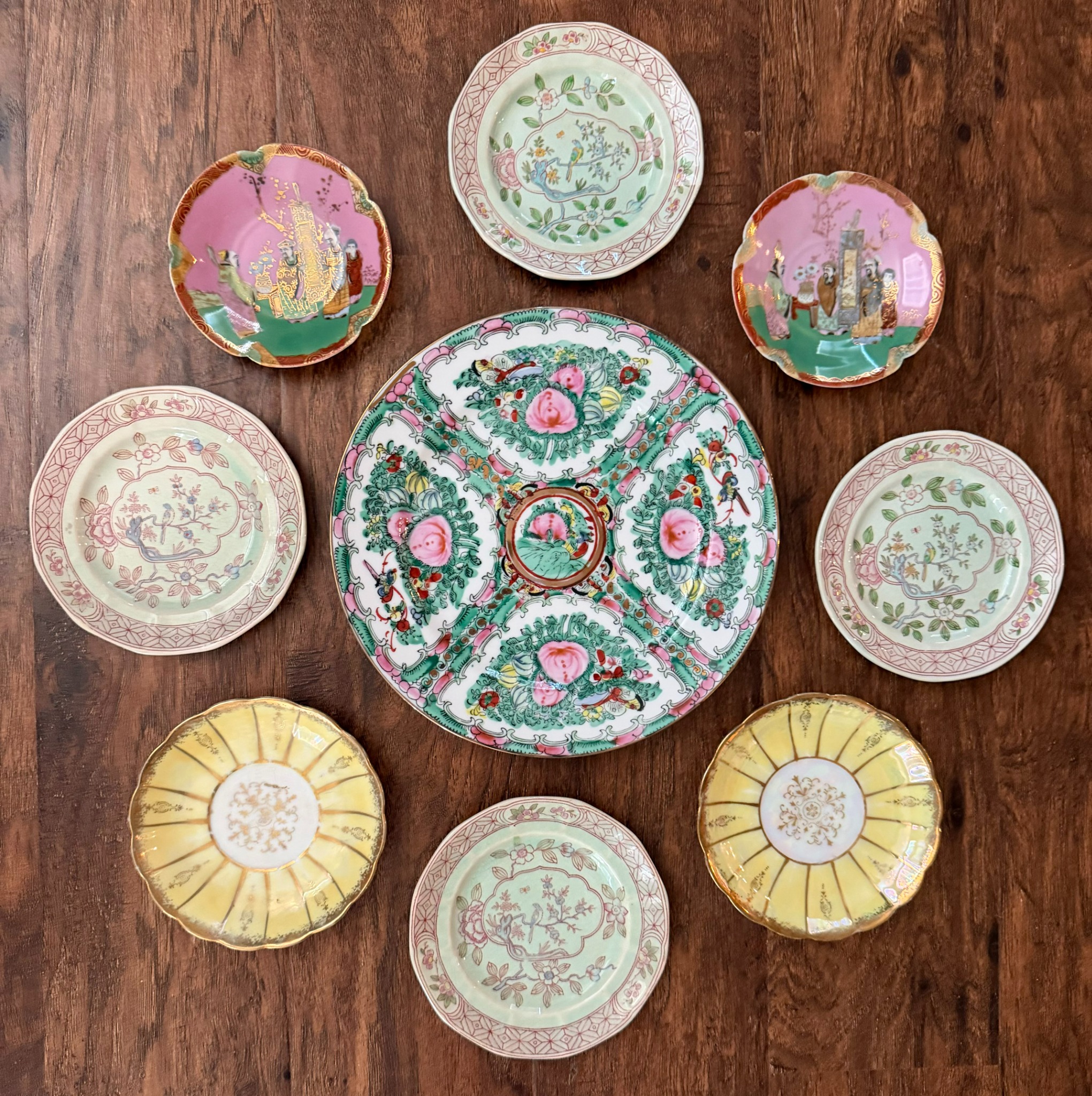 Pink, celadon and famille rose plate arrangement
