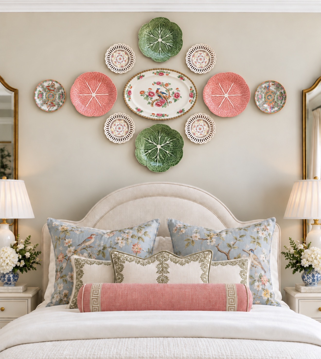 Grandmillennial bedroom with colorful plate wall above the bed