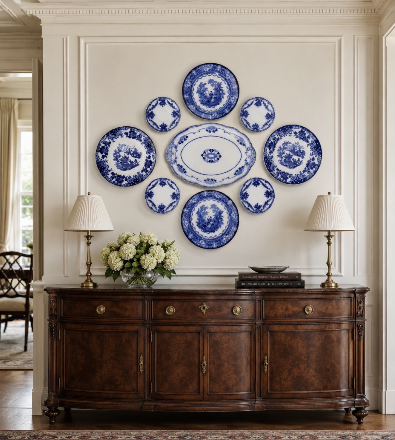 Blue and white plate wall above antique sideboard