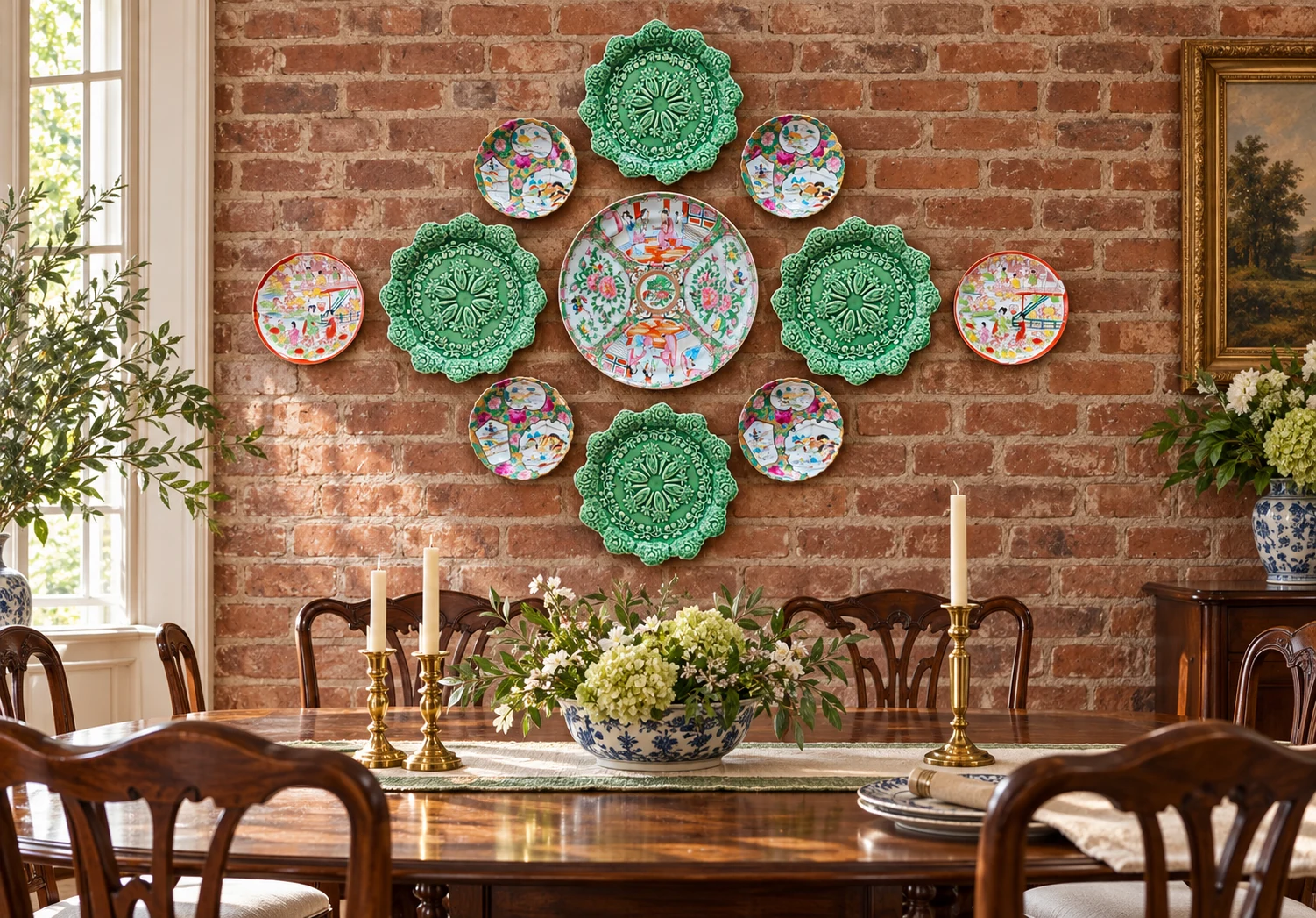 Green and colorful plate wall displayed on a brick dining room wall