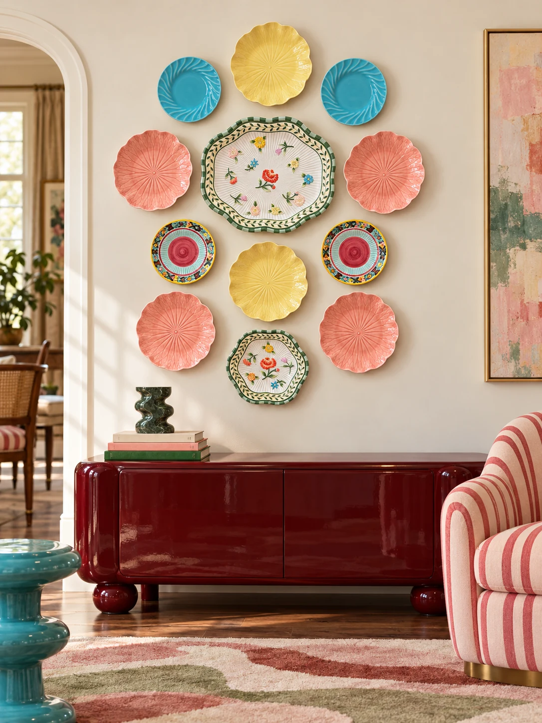 Colorful plate wall above a deep red sideboard