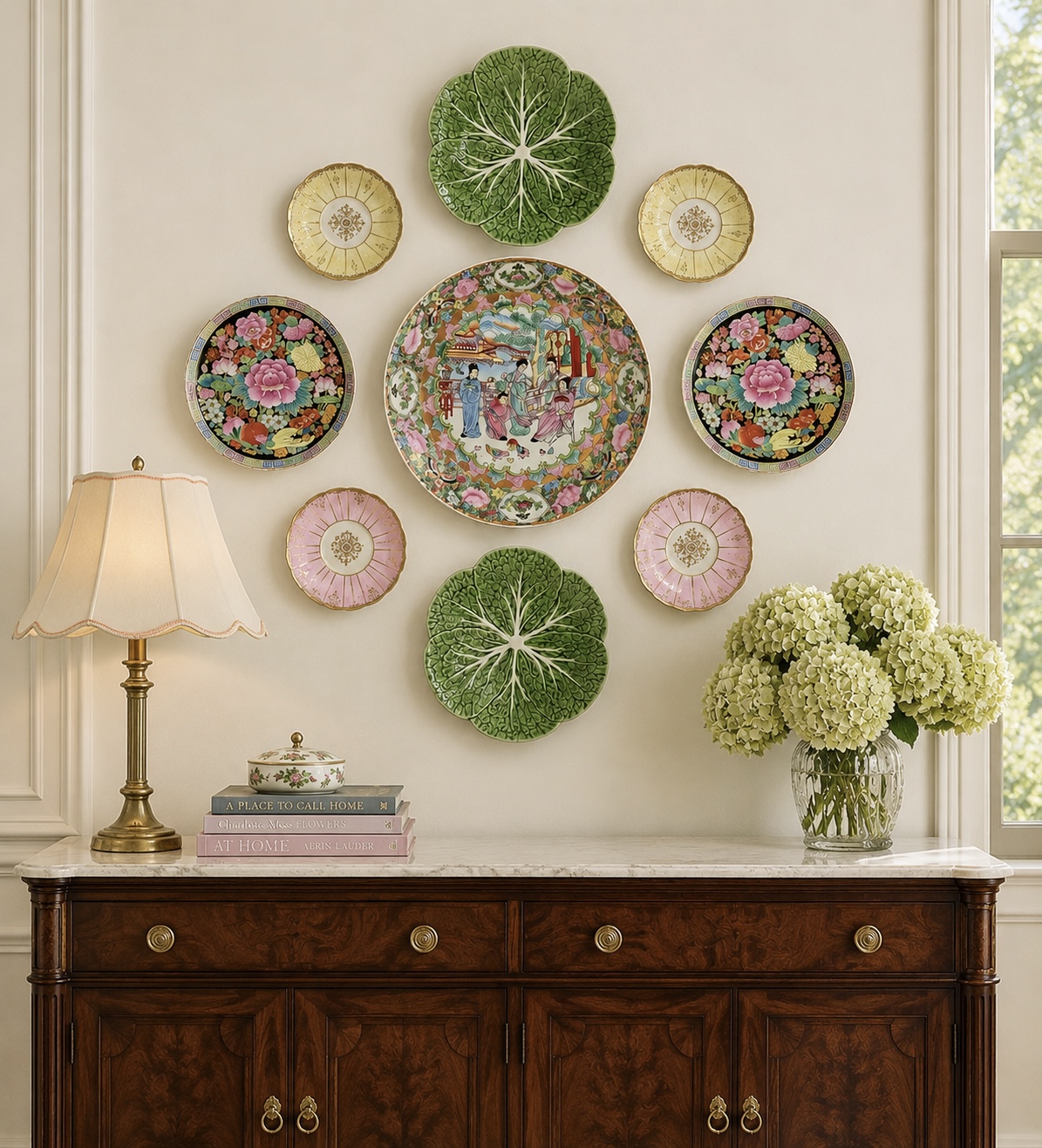 Green, pink and famille rose plate wall above a dark wood sideboard