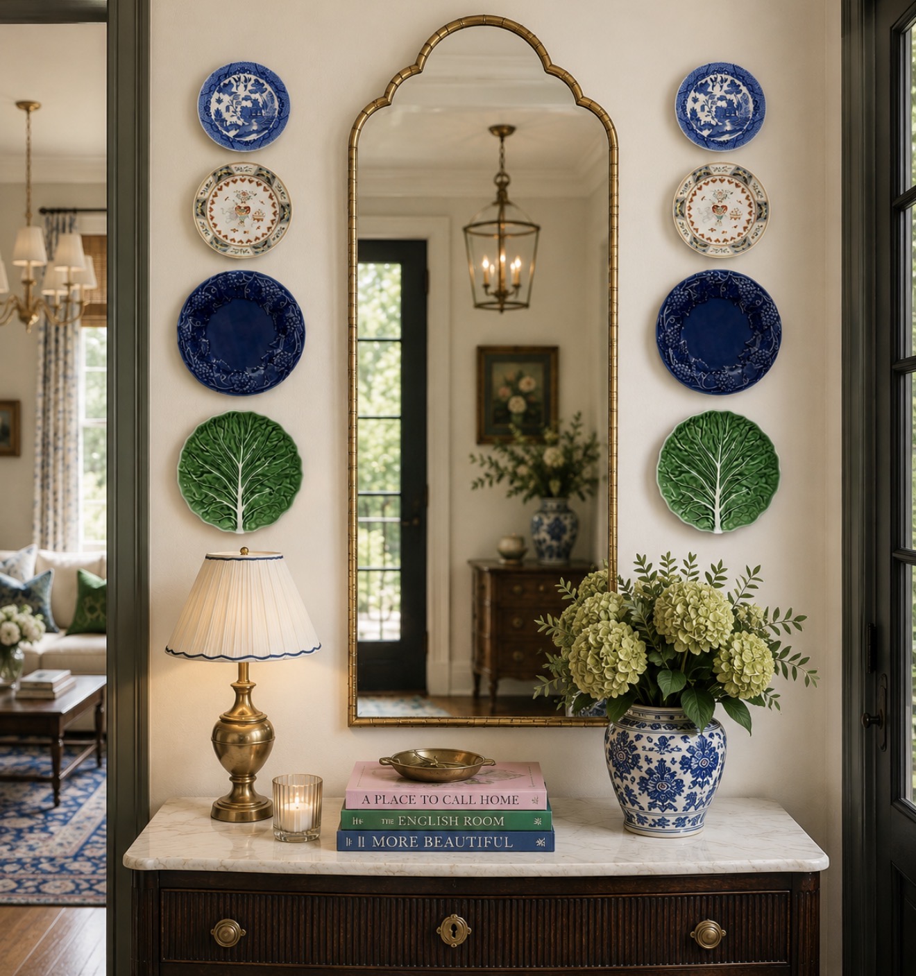 Blue, green and patterned plates flanking a tall mirror