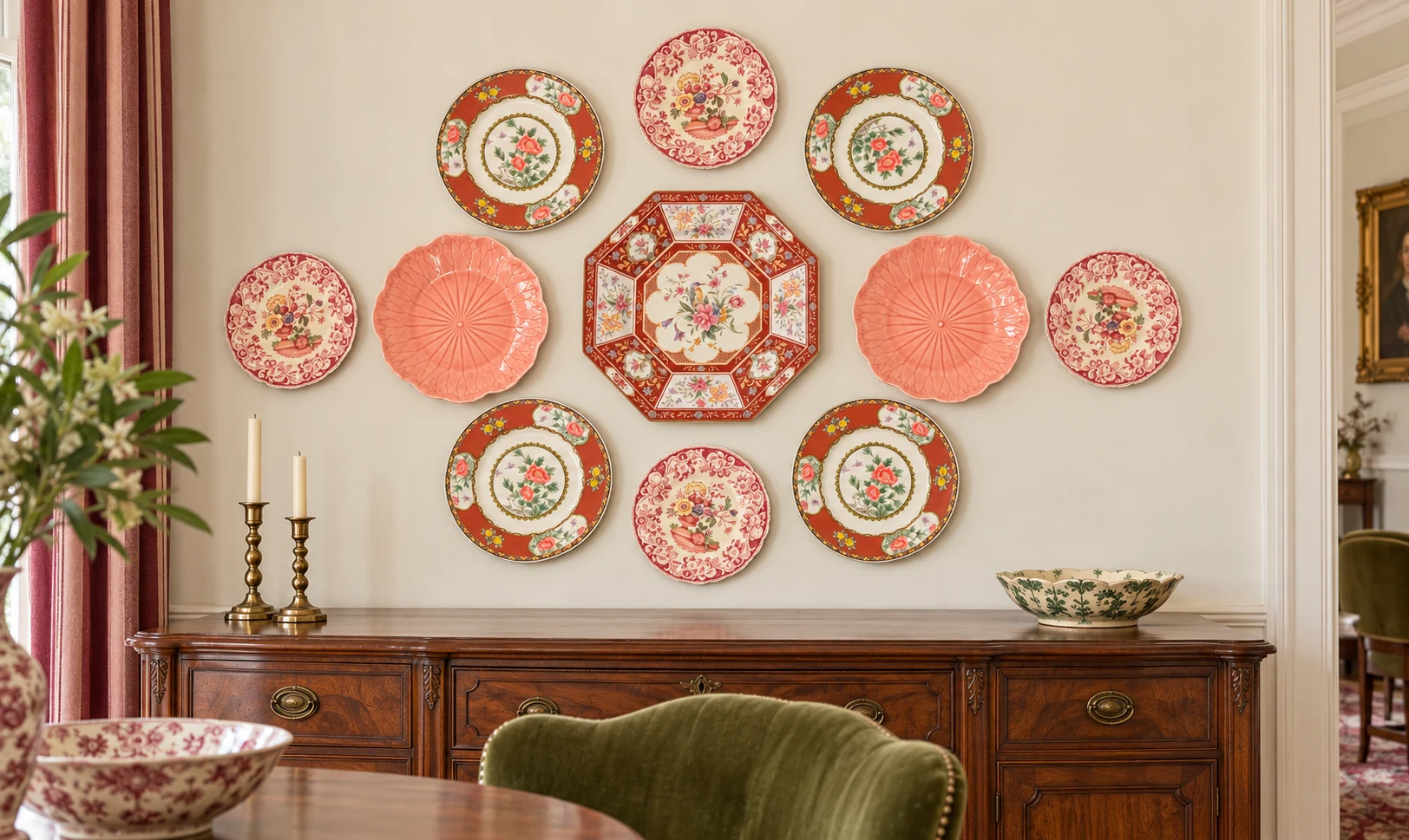Red, pink and floral plate wall above an antique sideboard